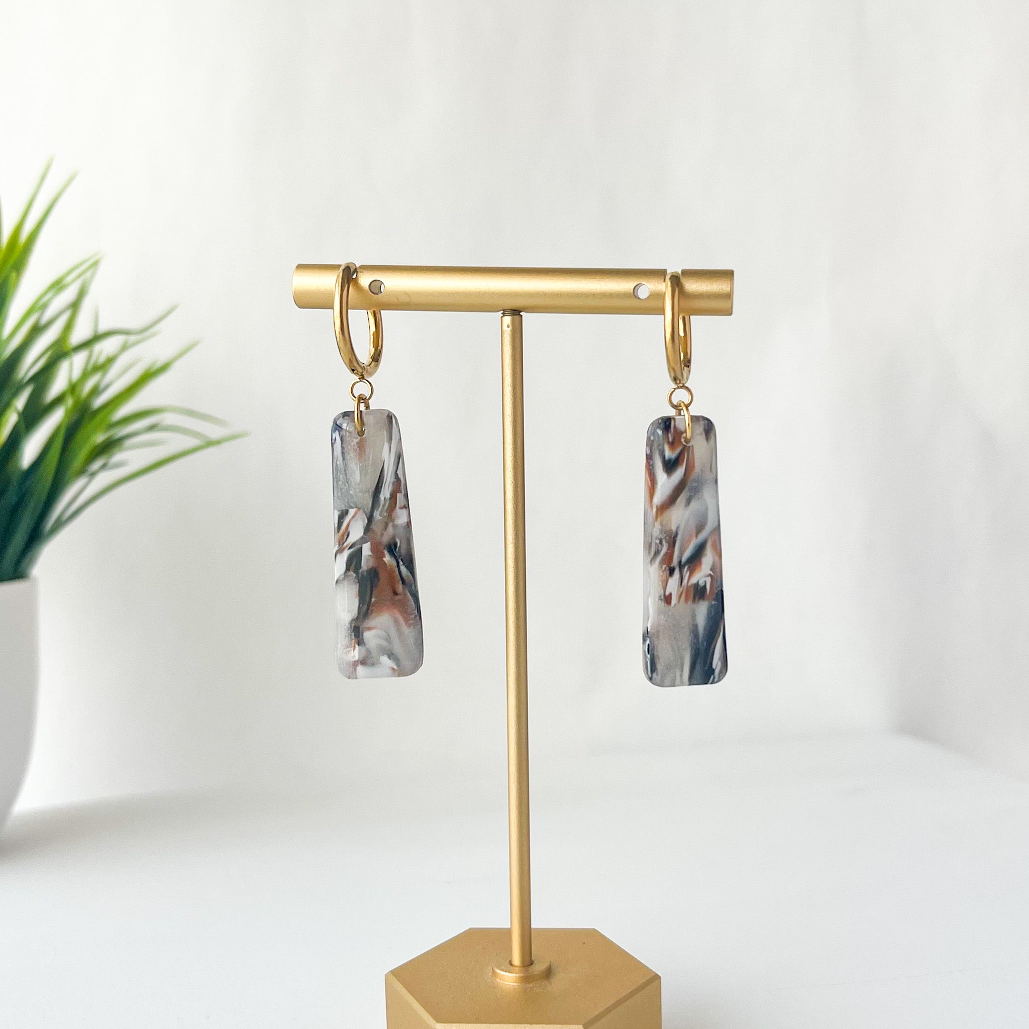 Marbled Dangles Huggie Earrings | Lightweight Polymer Clay Jewelry| Surgical Steel Hypoallergenic | Clip-On Option