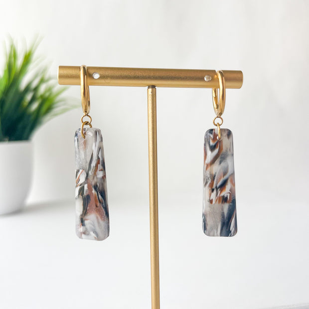 Marbled Dangles Huggie Earrings | Lightweight Polymer Clay Jewelry| Surgical Steel Hypoallergenic | Clip-On Option