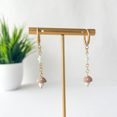 Tiny Mushroom Dangle Earrings, Whimsical Cottagecore Polymer Clay Jewelry, Clip-On Option