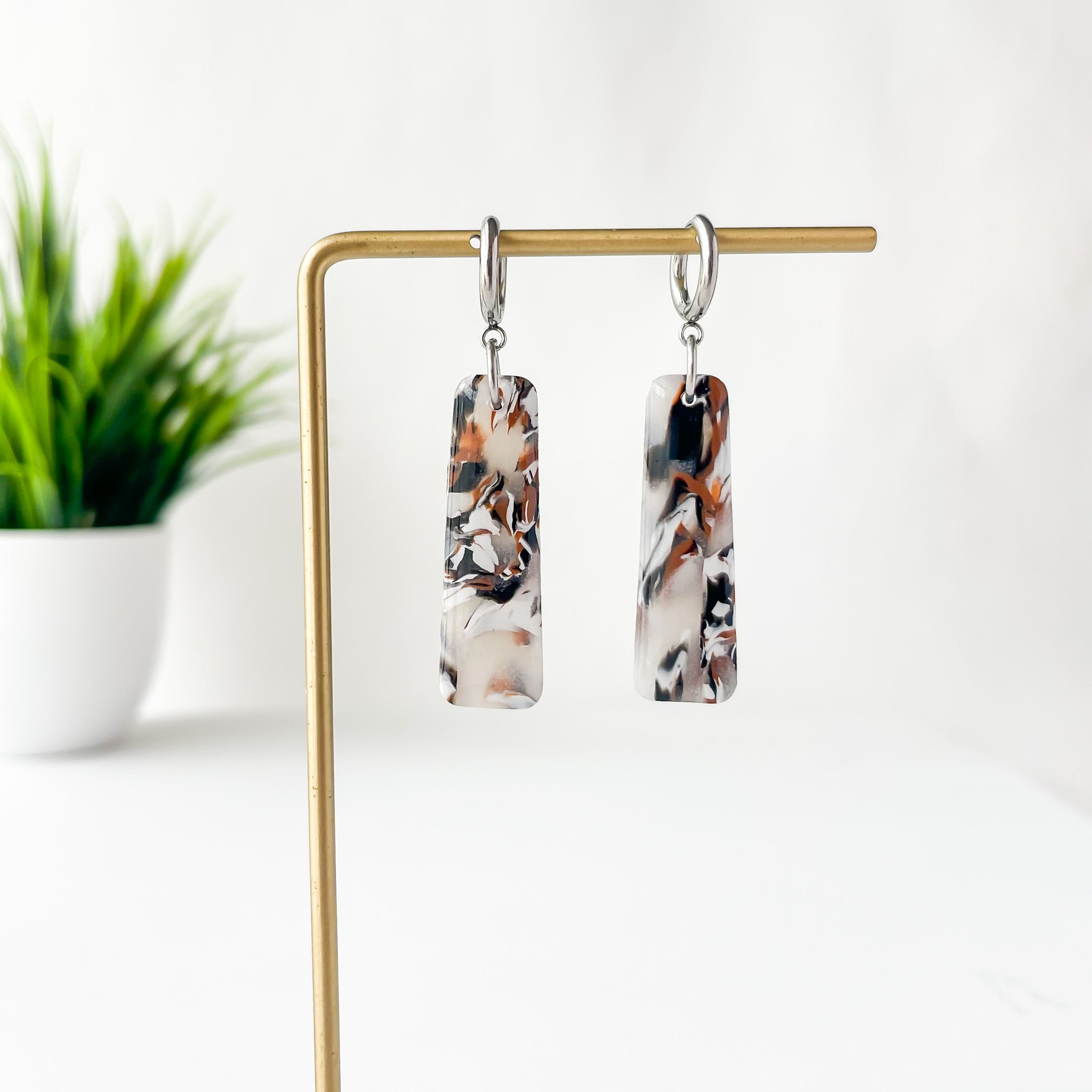 Marbled Dangles Huggie Earrings | Lightweight Polymer Clay Jewelry| Surgical Steel Hypoallergenic | Clip-On Option