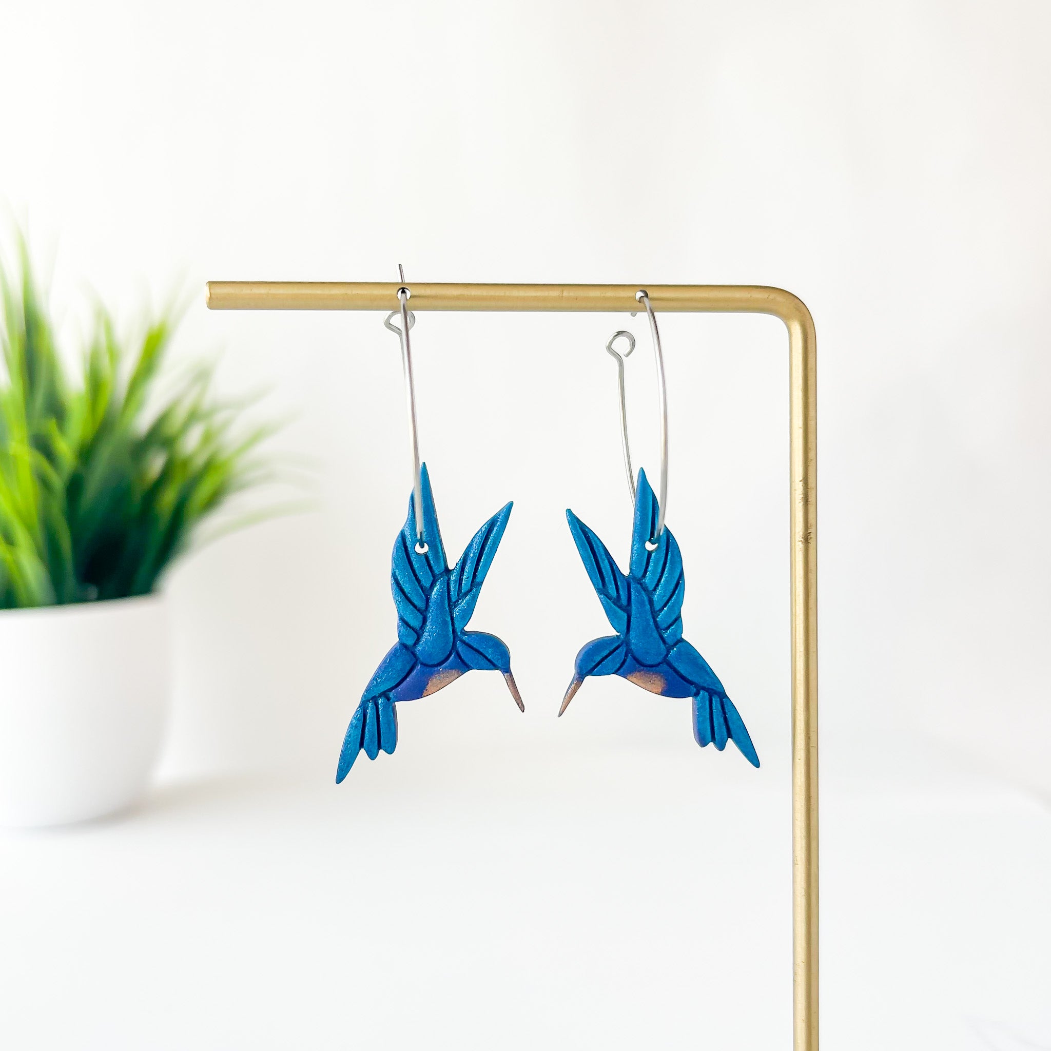 Humming Bird Dangle Hoop Earrings | Handmade Polymer Clay Jewelry | Whimsical Earrings Clip On