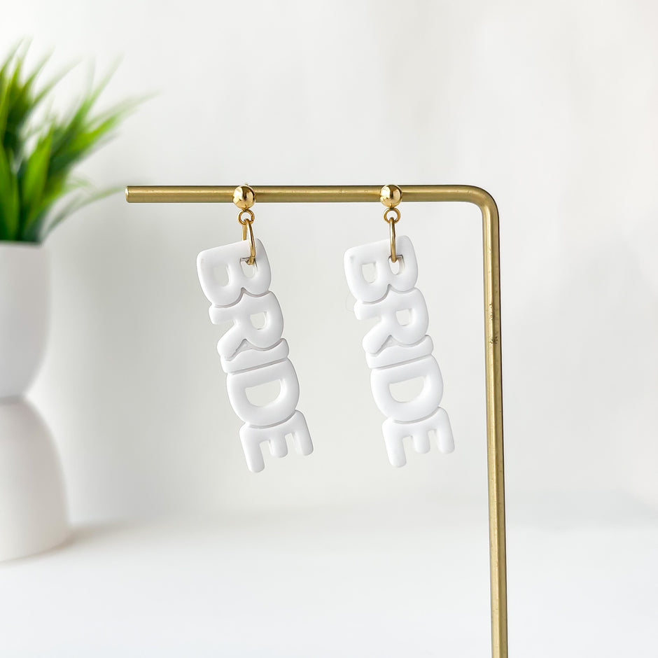 Handmade Bride Dangles For Bachelorette | White Statement Earrings for Brides | Clip On Polymer Clay Jewelry