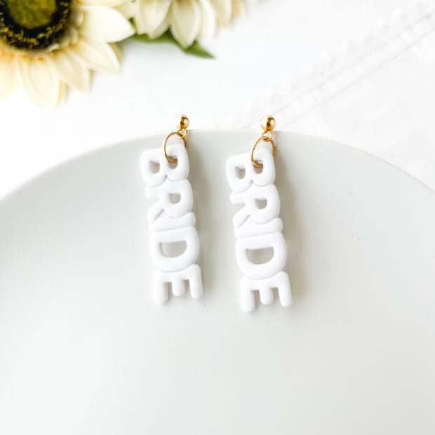 Handmade Bride Dangles For Bachelorette | White Statement Earrings for Brides | Clip On Polymer Clay Jewelry