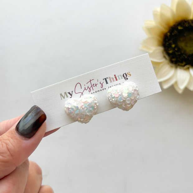 White Heart Valentine Stud Polymer Clay Earrings