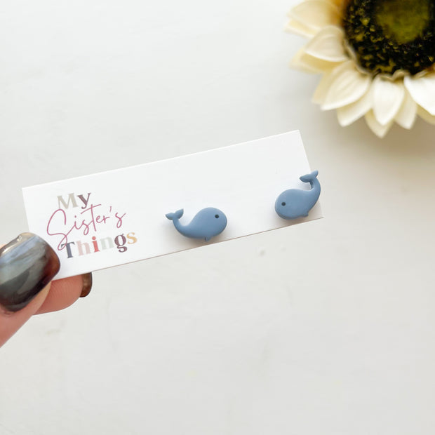 Blue Whale Stud Polymer Clay Earrings