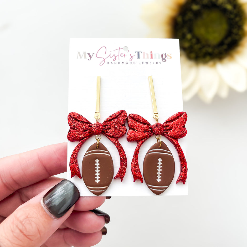 Dangle Football With Bow Lightweight Earrings | Sports Polymer Clay Jewelry | Whimsical Clip-On Earrings Option