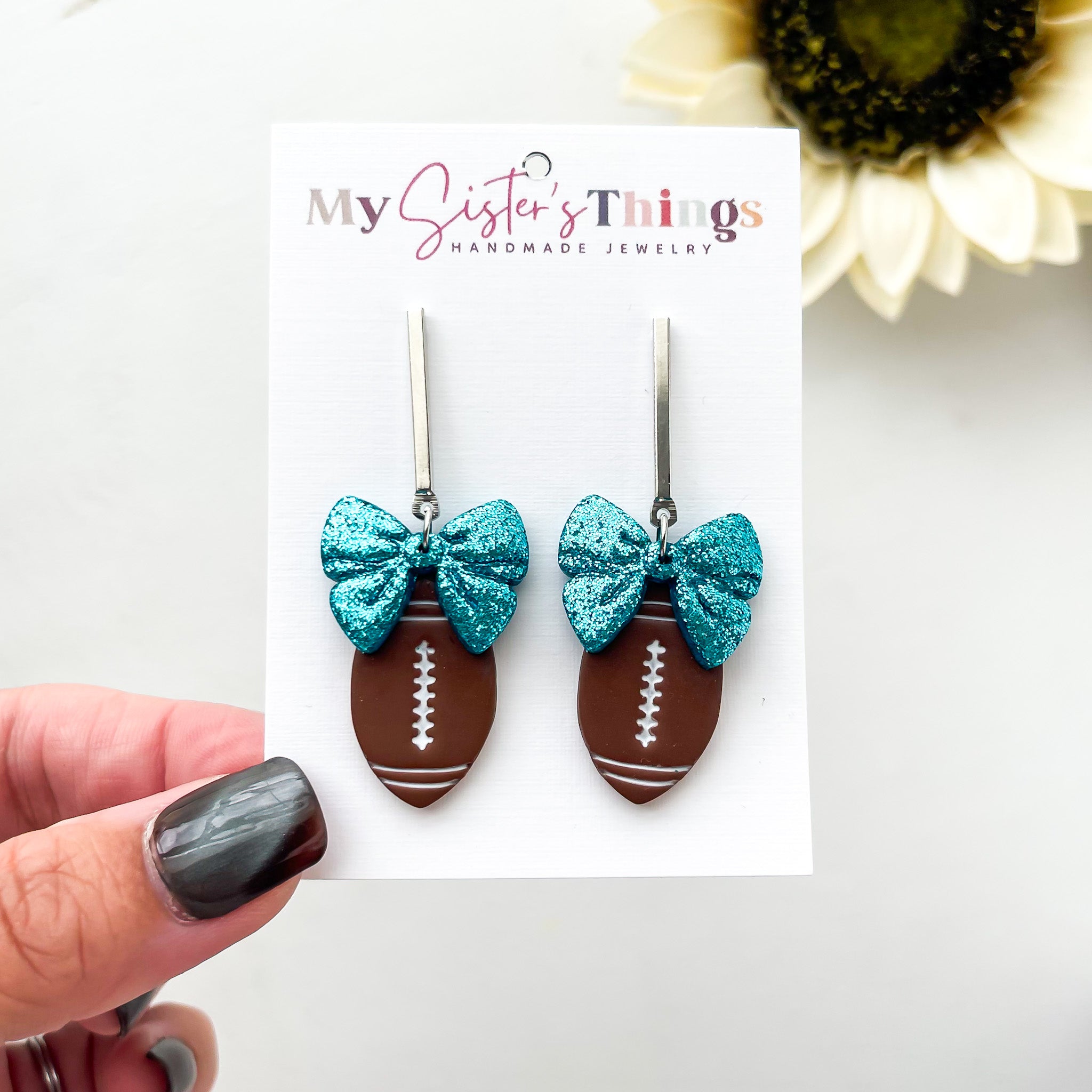 Football With Bow Lightweight Earrings | Sports Polymer Clay Jewelry | Whimsical Clip-On Earrings Option