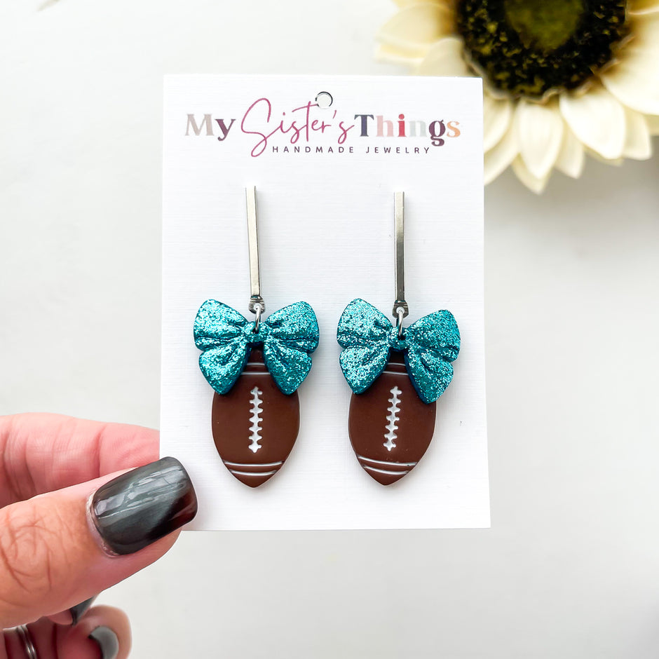 Football With Bow Lightweight Earrings | Sports Polymer Clay Jewelry | Whimsical Clip-On Earrings Option