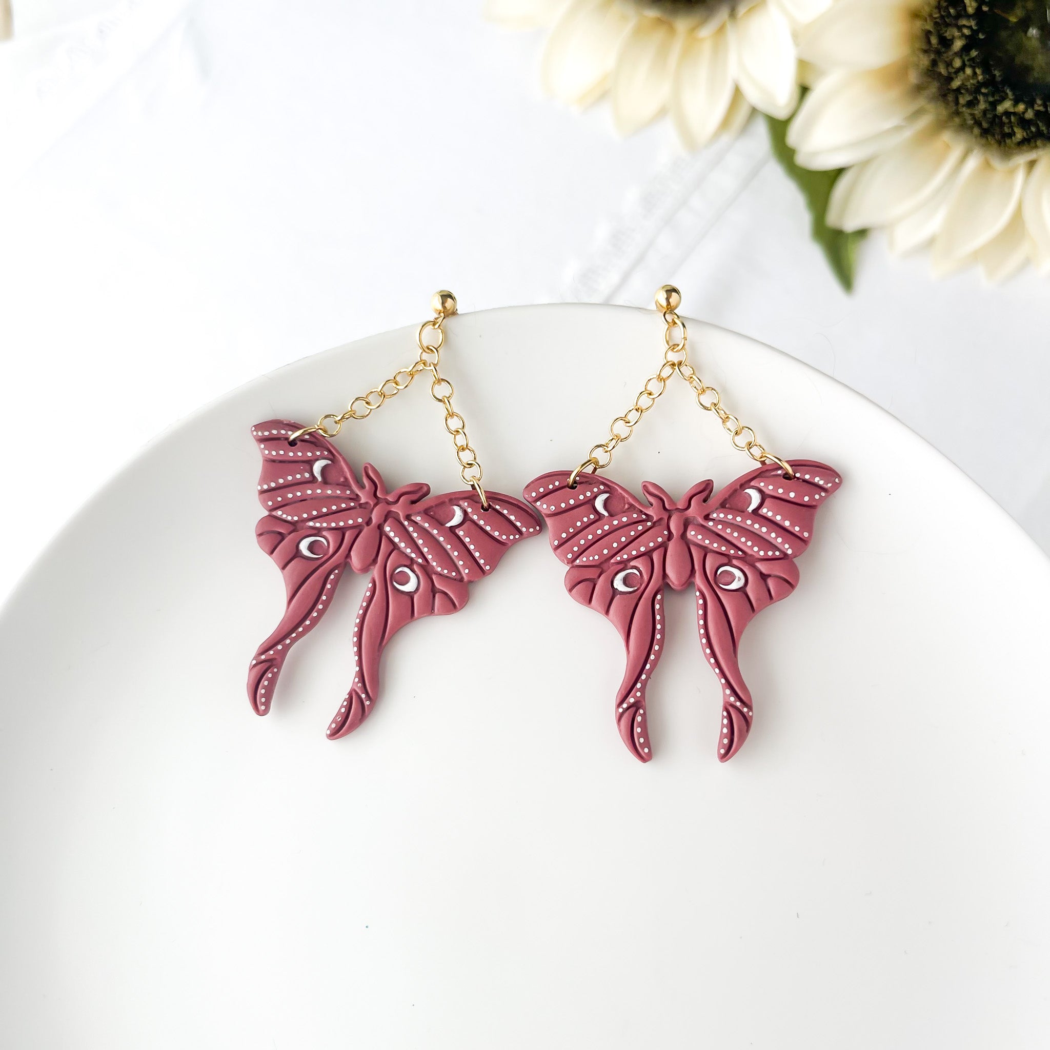 Rusty, Luna Moth Handmade Statement Earrings | Unique Artisan Metal & Polymer Clay jewelry | Trendy Boho Chic Clip-On Earrings For Women