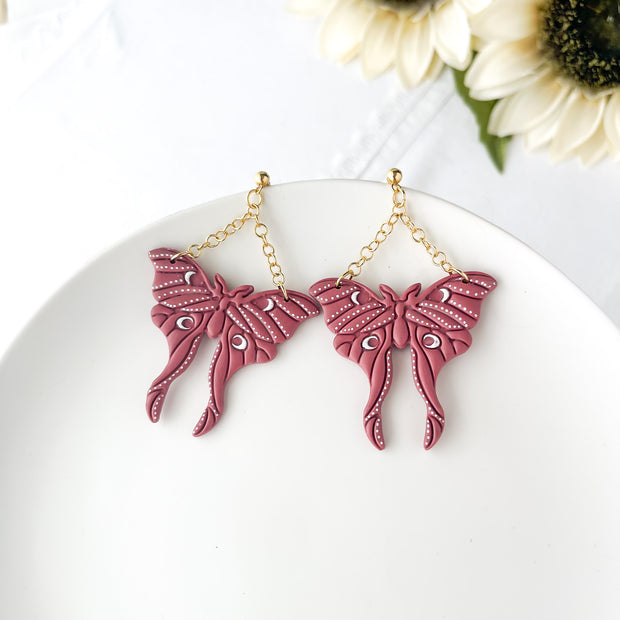 Rusty, Luna Moth Handmade Statement Earrings | Unique Artisan Metal & Polymer Clay jewelry | Trendy Boho Chic Clip-On Earrings For Women