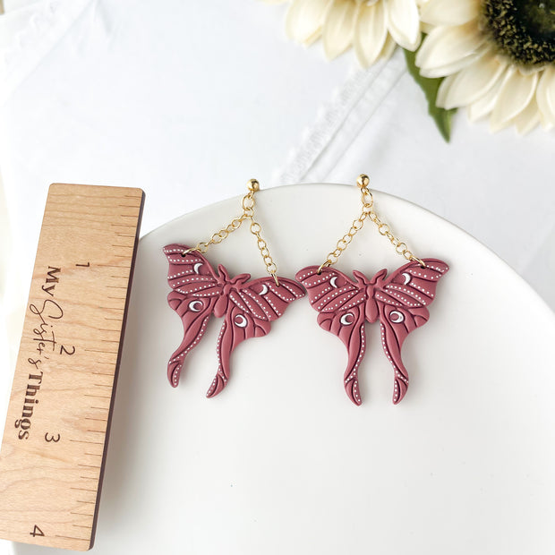 Rusty, Luna Moth Handmade Statement Earrings | Unique Artisan Metal & Polymer Clay jewelry | Trendy Boho Chic Clip-On Earrings For Women