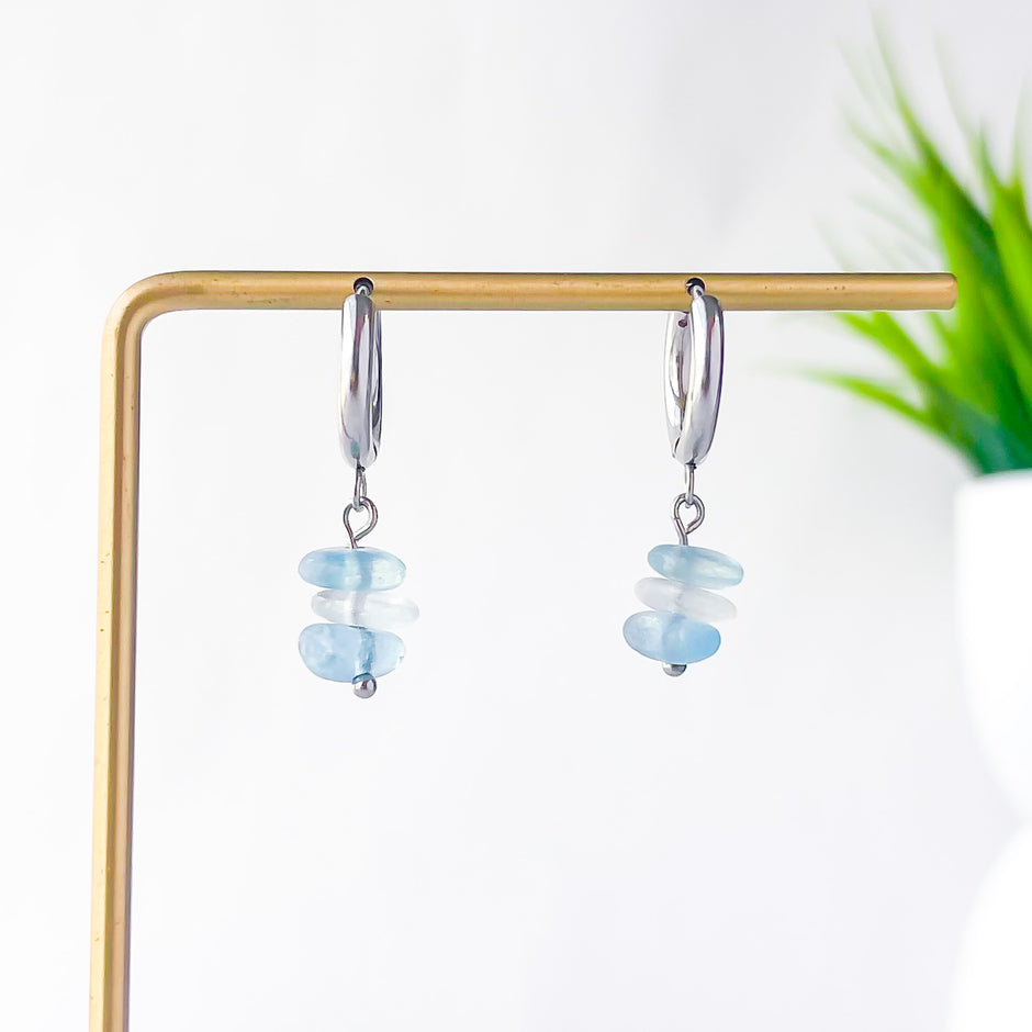 Aquamarine Dangle Huggie Hoop Earrings | Lightweight Gemstone Earrings | Dainty Clip-On Earrings