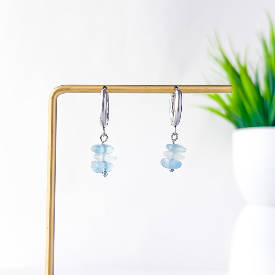 Aquamarine Dangle Huggie Hoop Earrings | Lightweight Gemstone Earrings | Dainty Clip-On Earrings
