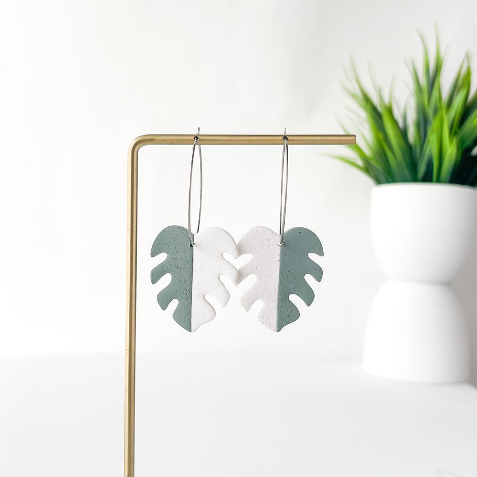Varigated Monstera Earrings | Handmade Polymer Clay Jewelry |Dangle Clip-On Earrings Option