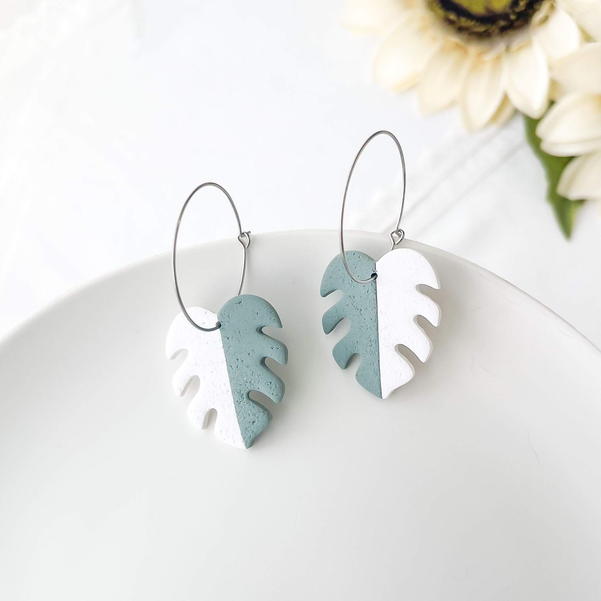 Varigated Monstera Earrings | Handmade Polymer Clay Jewelry |Dangle Clip-On Earrings Option