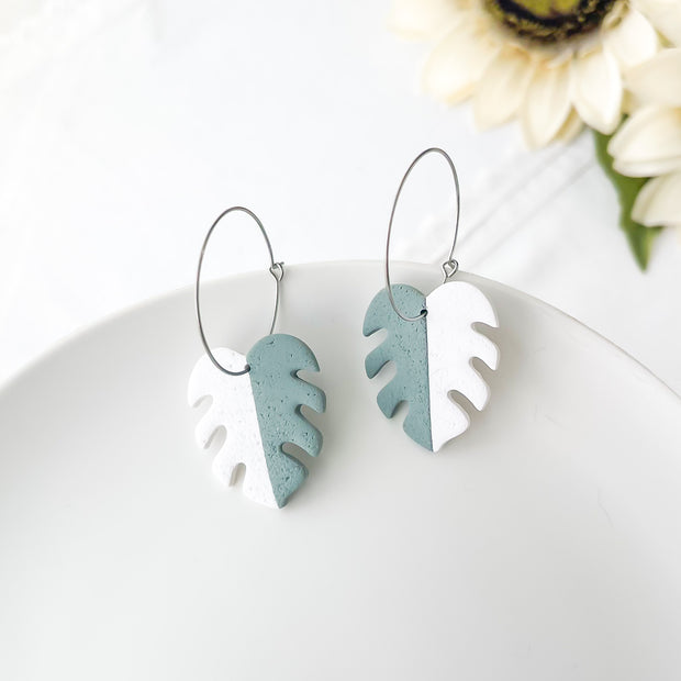 Varigated Monstera Earrings | Handmade Polymer Clay Jewelry |Dangle Clip-On Earrings Option