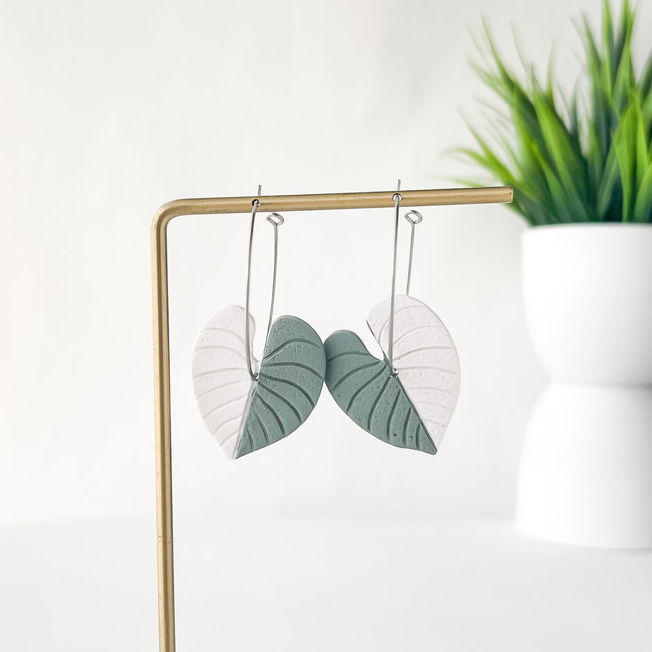 Philodendron Leaf Earrings | Handmade Polymer Clay Jewelry | Dangle Clip-On Earrings Option