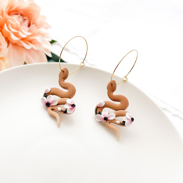 Handmade Floral Snake Earrings | Unique Statement Jewelry | Boho Chic Clip-Ob Earrings Option