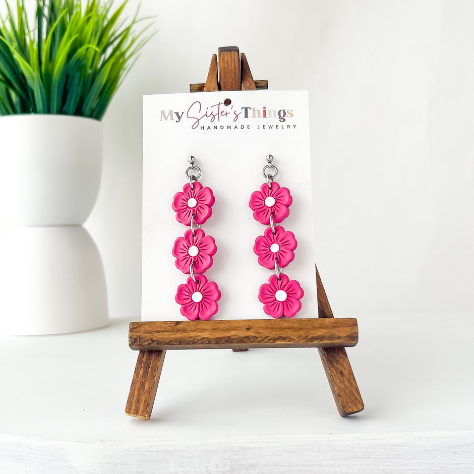 Pink Stacked Flower Earrings | Cute Polymer Clay Jewelry | Hypoallergenic For Sensitive Ears