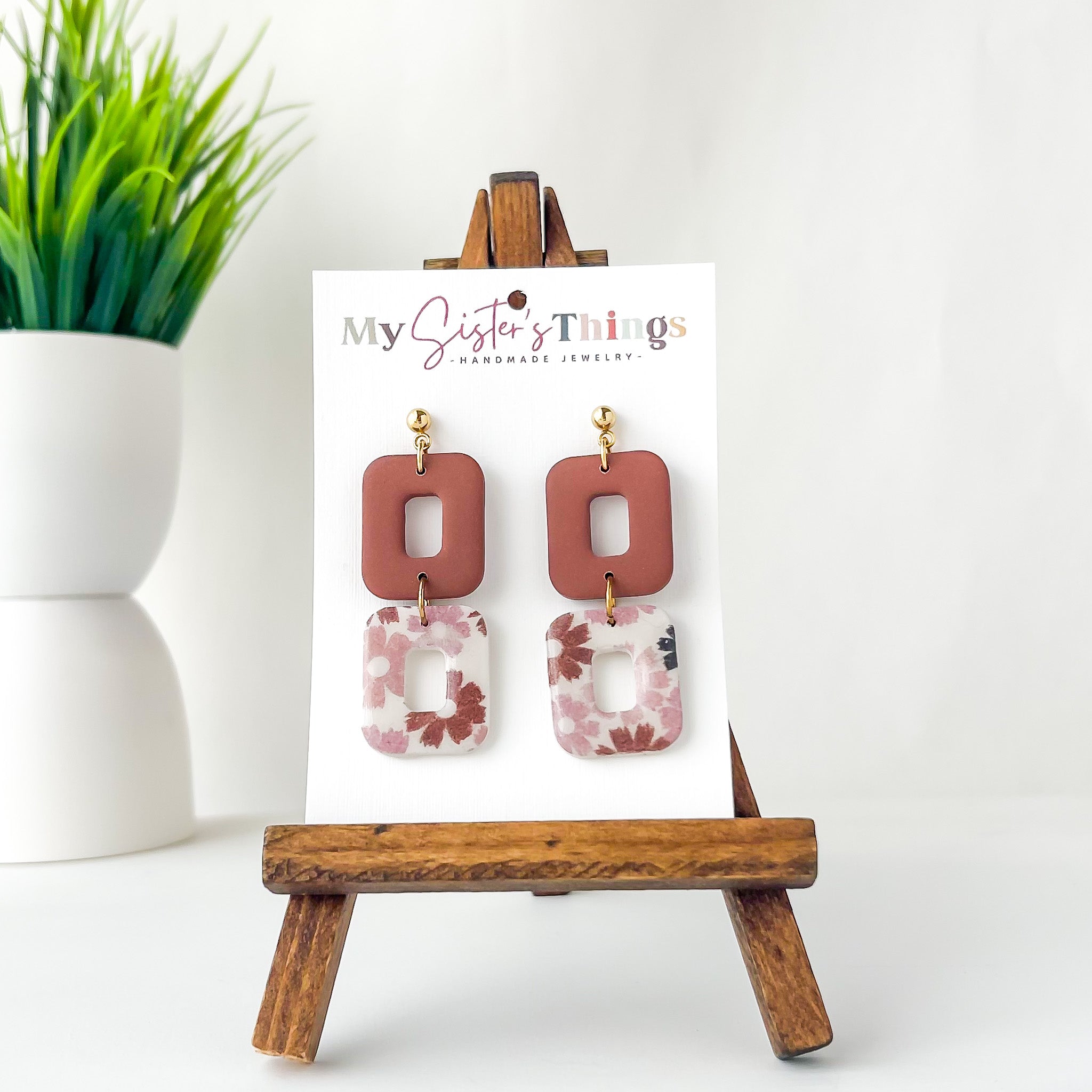 Neutral Flower Dangle Earrings | Lightweight Jewelry For Women | Boho Chic Geometric Earrings