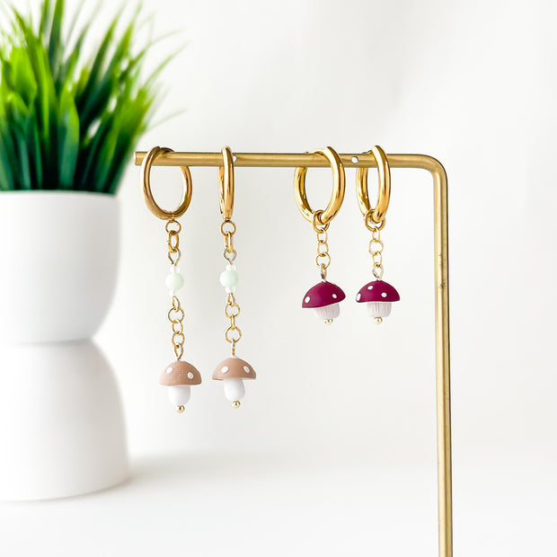 Tiny Mushroom Dangle Earrings | Cute Polymer Clay Jewelry | Handmade Fall Accessories | Clip-On Earring Option