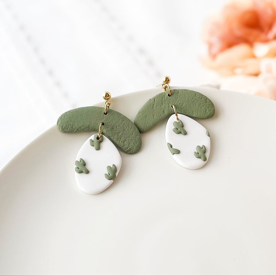 Cute Handmade Cactus Pebbles Earrings | Unique Boho Statement Jewelry in Limited Edition | Clip-On Earrings