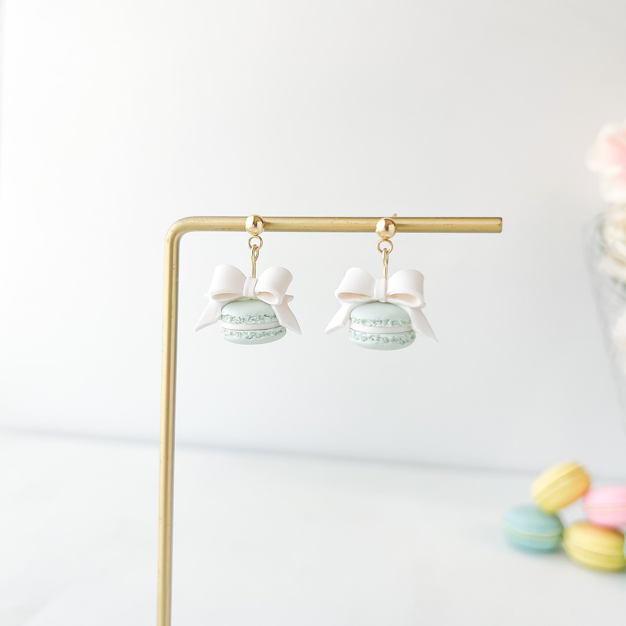 Mint Polymer Clay Macaron Earrings with White Bow, Dangle Clip-On, Lightweight Whimsical Jewelry