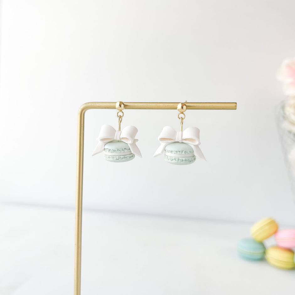 Mint Polymer Clay Macaron Earrings with White Bow, Dangle Clip-On, Lightweight Whimsical Jewelry