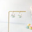 Mint Polymer Clay Macaron Earrings with White Bow, Dangle Clip-On, Lightweight Whimsical Jewelry