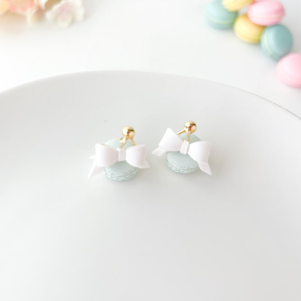Mint Polymer Clay Macaron Earrings with White Bow, Dangle Clip-On, Lightweight Whimsical Jewelry