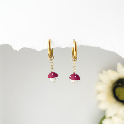 Tiny Mushroom Dangle Earrings, Whimsical Cottagecore Polymer Clay Jewelry, Clip-On Option