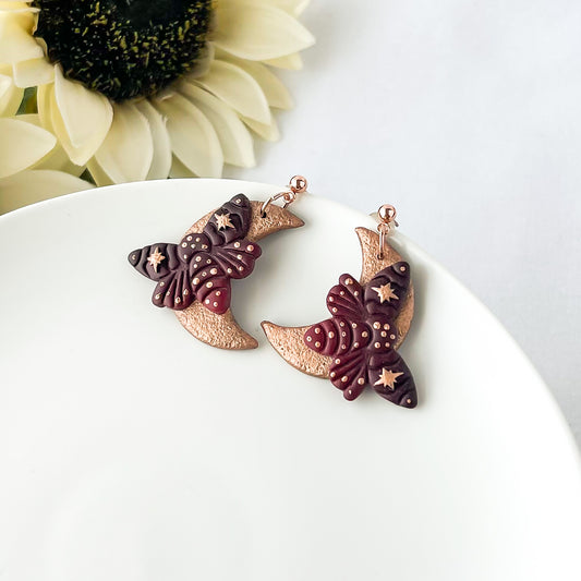 Edgy Handmade Midnight Flyer Moth Earrings | Statement Boho Chic Artisan Jewelry | Rose Gold Plated | Lightweight