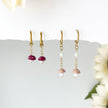 2 pair of tiny dangling mushroom earrings,  red and tan mushrooms hanging from gold chain  earring, with sunflowers in the background. 