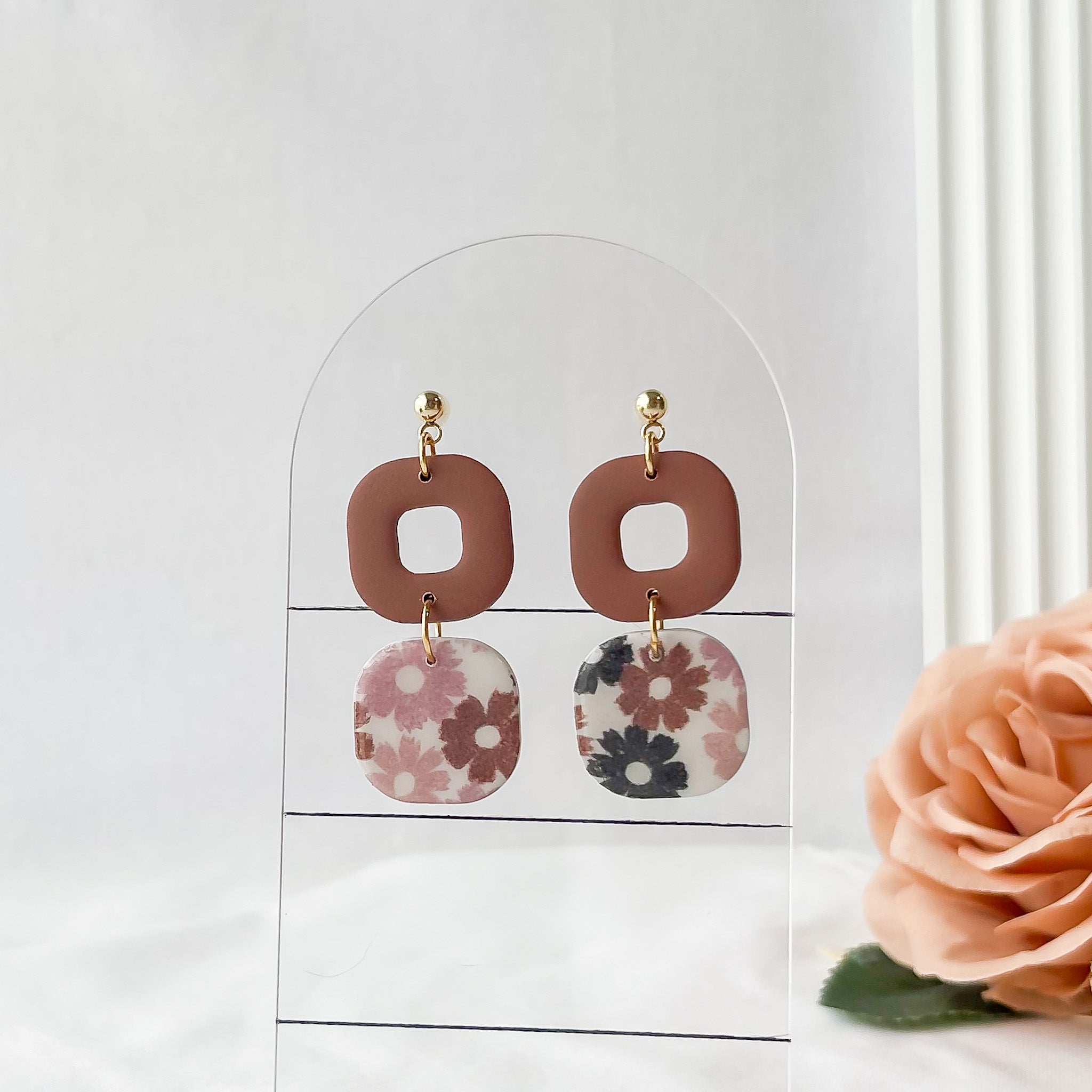 Edgy Handmade Metal Earrings - Unique Neutral Squares & Flowers, Artisan-Made Statement Jewelry