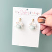 Mint Polymer Clay Macaron Earrings with White Bow, Dangle Clip-On, Lightweight Whimsical Jewelry