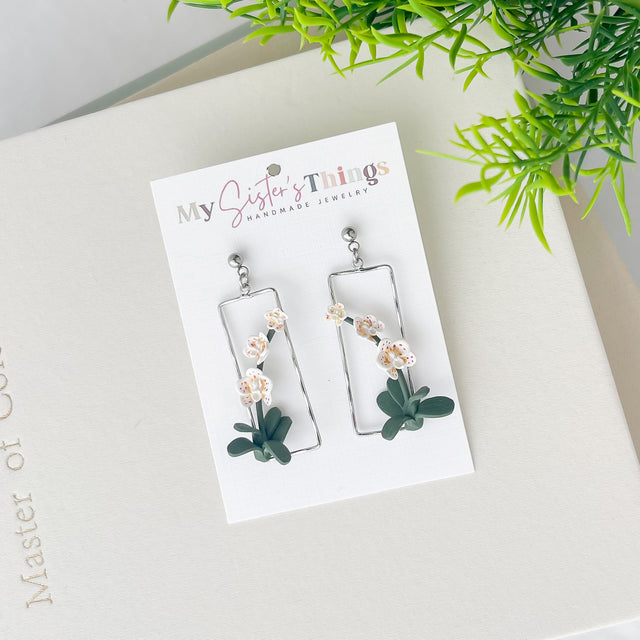 Dainty Orchid Dangle Earrings, Tropical Flower Polymer Clay Earrings, Lightweight Hypoallergenic, Clip On Option