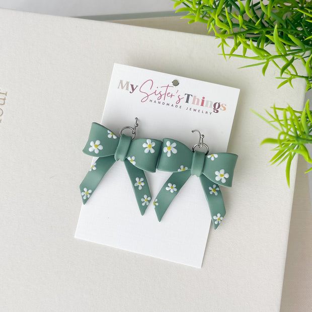 Flowery Bow Dangle Earrings | Cute Polymer Clay Jewelry | Hypoallergenic Bow Earrings For Women