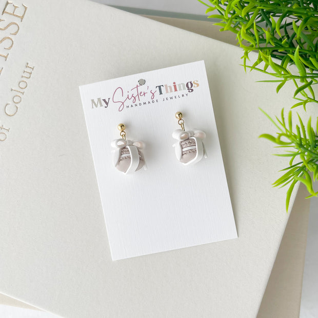 Taupe Macaron Bow Dangle Earrings, Polymer Clay Jewelry, Lightweight Hypoallergenic Earrings, Whimsical Handmade Style