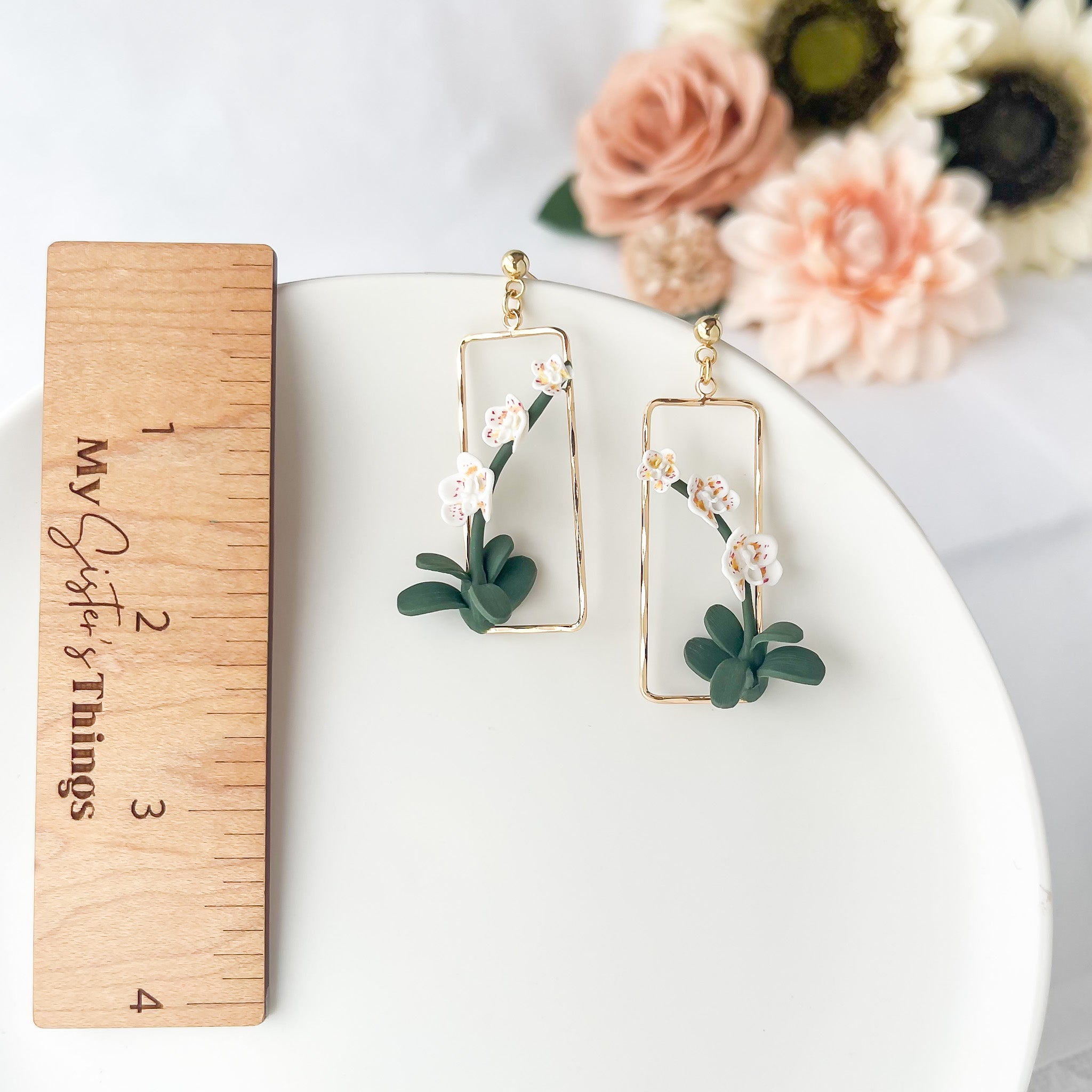 Dainty Purple Flower DangOrchid Dangle Earrings, Tropical Flower Polymer Clay Earrings, Lightweight Hypoallergenic, Clip On Option