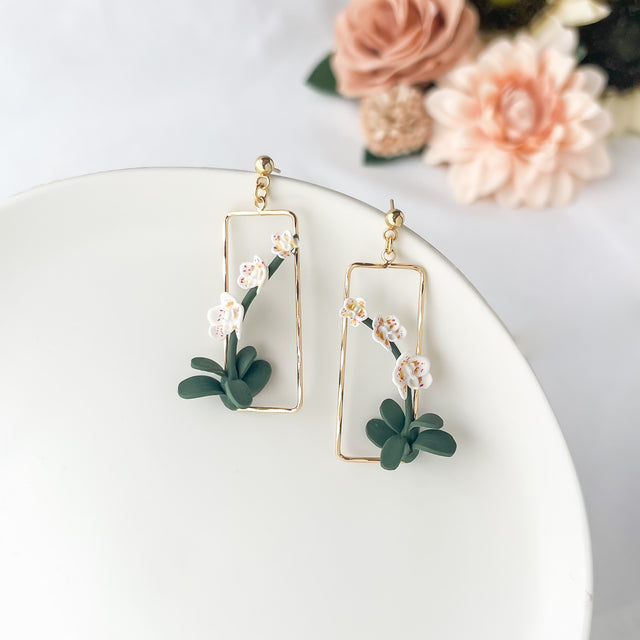 Dainty Orchid Dangle Earrings, Tropical Flower Polymer Clay Earrings, Lightweight Hypoallergenic, Clip On Option