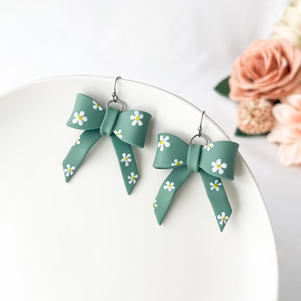Flowery Bow Dangle Earrings | Cute Polymer Clay Jewelry | Hypoallergenic Bow Earrings For Women