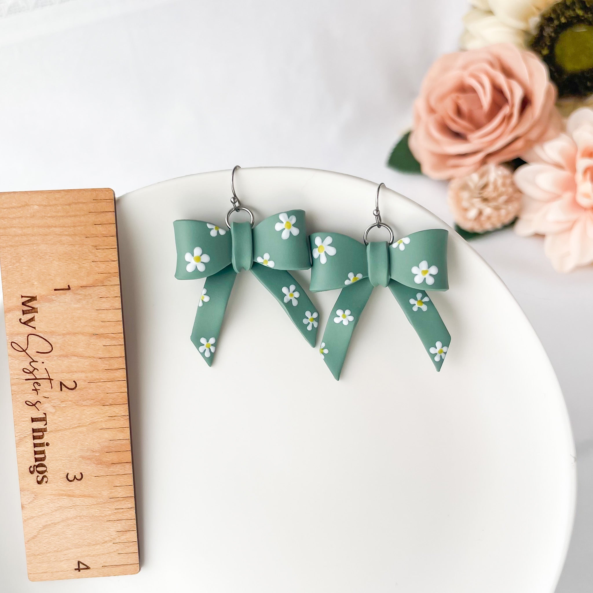 Flowery Bow Dangle Earrings | Cute Polymer Clay Jewelry | Hypoallergenic Bow Earrings For Women
