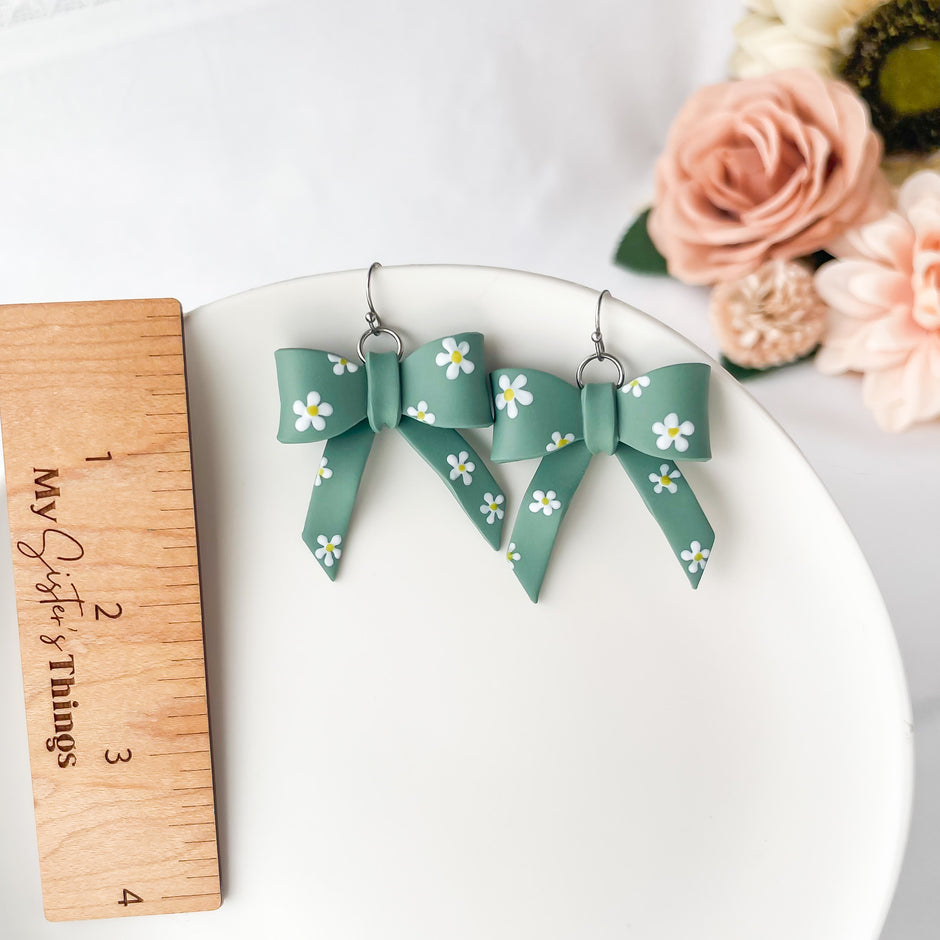 Flowery Bow Dangle Earrings | Cute Polymer Clay Jewelry | Hypoallergenic Bow Earrings For Women