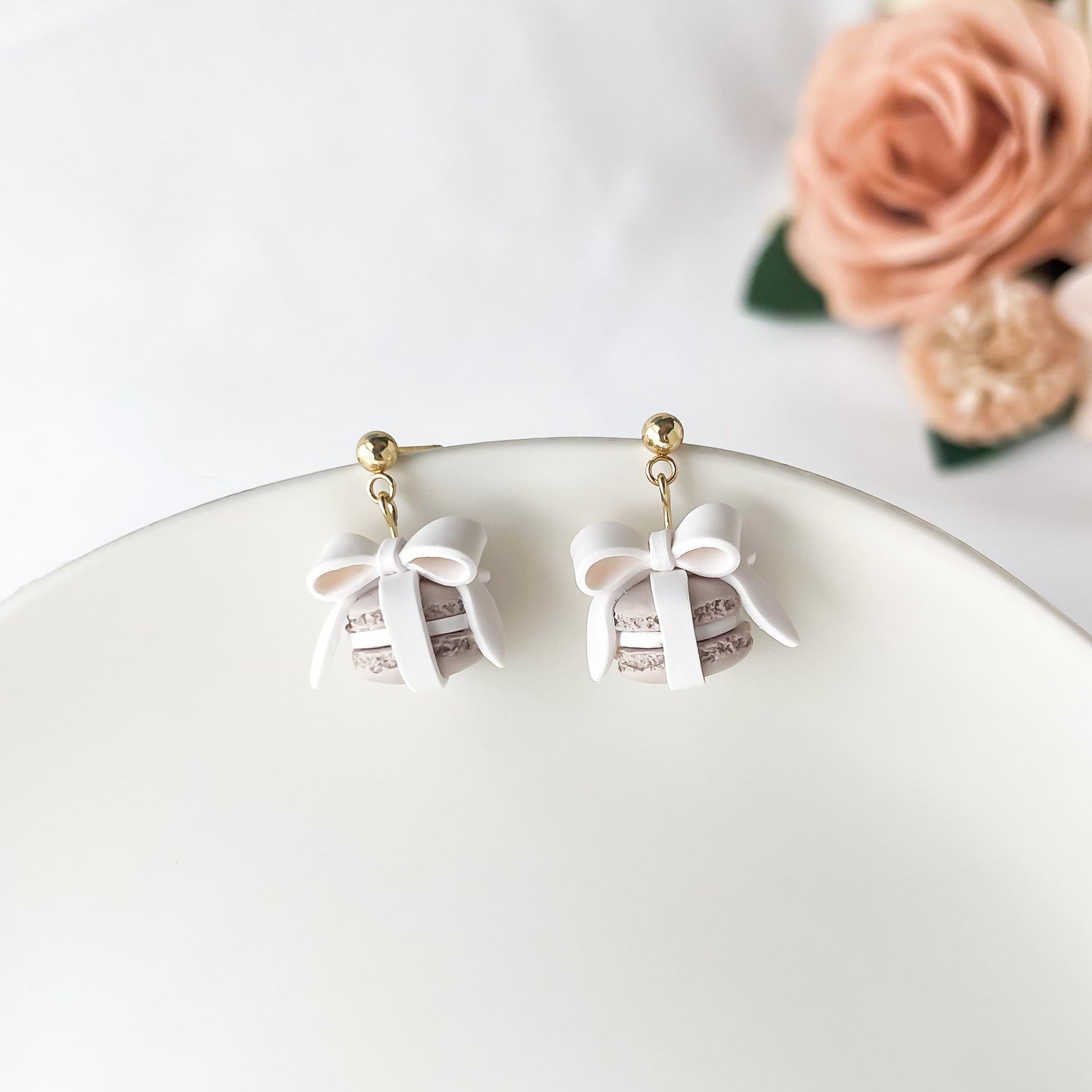 Taupe Macaron Bow Dangle Earrings, Polymer Clay Jewelry, Lightweight Hypoallergenic Earrings, Whimsical Handmade Style