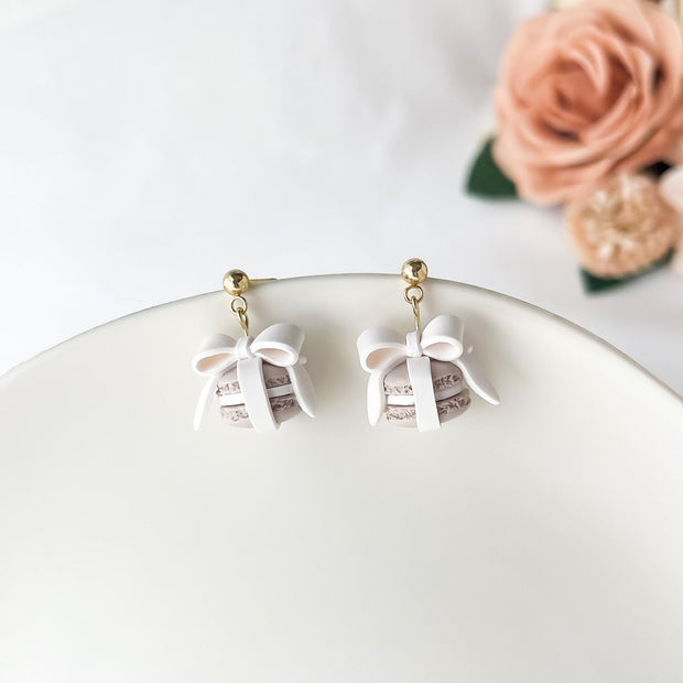 Taupe Macaron Bow Dangle Earrings, Polymer Clay Jewelry, Lightweight Hypoallergenic Earrings, Whimsical Handmade Style