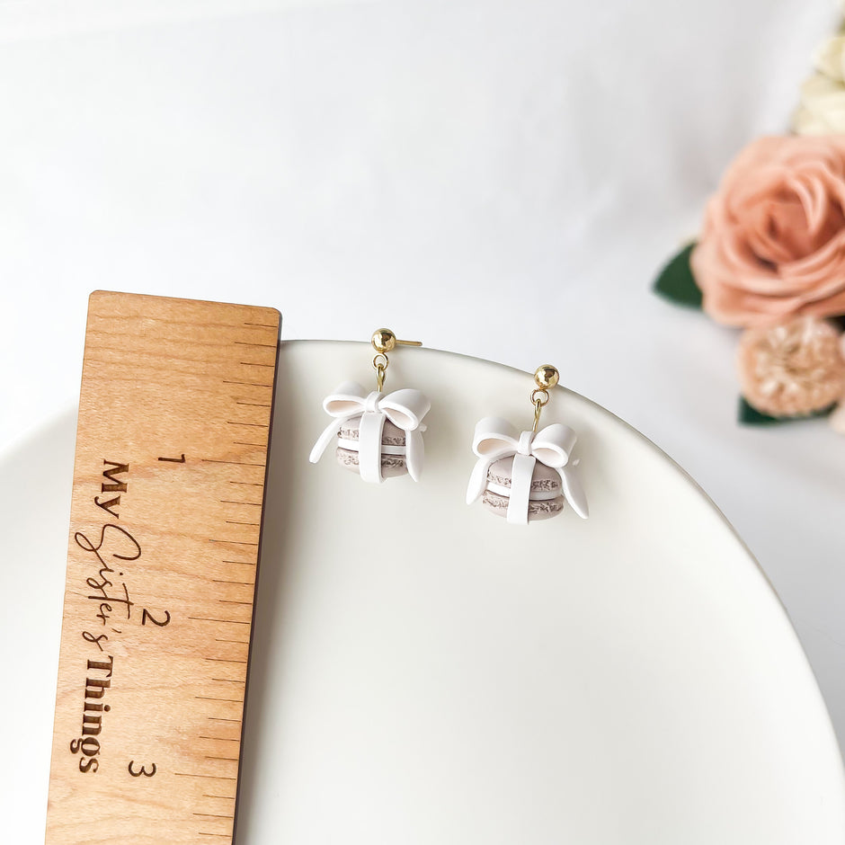 Taupe Macaron Bow Dangle Earrings, Polymer Clay Jewelry, Lightweight Hypoallergenic Earrings, Whimsical Handmade Style