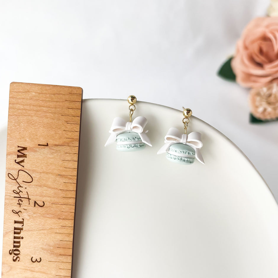Mint Polymer Clay Macaron Earrings with White Bow, Dangle Clip-On, Lightweight Whimsical Jewelry