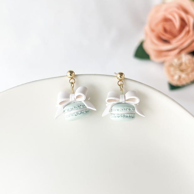 Mint Polymer Clay Macaron Earrings with White Bow, Dangle Clip-On, Lightweight Whimsical Jewelry