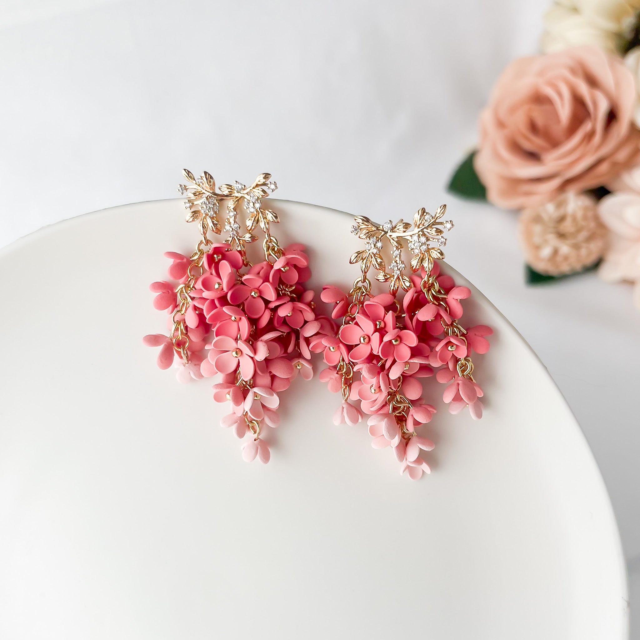 Pink Ombre Floral Earrings, Polymer Clay Earrings, Lightweight Statement Jewelry