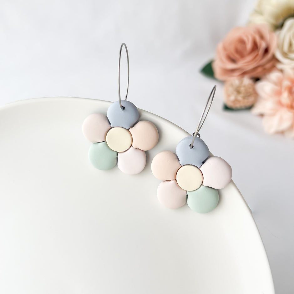 Pastel Daisy Hoop Earrings, Handmade Polymer Clay Floral Jewelry, Lightweight Boho Earrings, Hypoallergenic, Clip-On Option